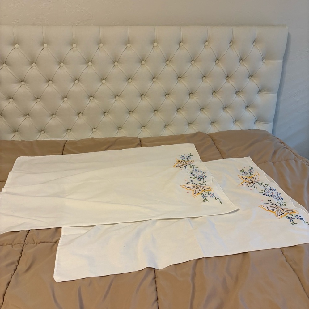 Vintage White and Blue Hand Embroidered Pillowcases Butterflies Set of 2